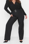 Kadın Yeni Moda Büyük Beden Geniş Paça Uzun Boy Dokuma Kemerli Kumaş Pantolon - 4