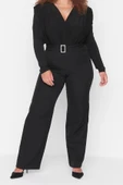 Kadın Yeni Moda Büyük Beden Geniş Paça Uzun Boy Dokuma Kemerli Kumaş Pantolon - 2