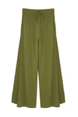 Kadın Yeni Moda Geniş Paça Uzun Boy Dokuma Haki Yırtmaçlı Pantolon - 1