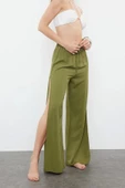 Kadın Yeni Moda Geniş Paça Uzun Boy Dokuma Haki Yırtmaçlı Pantolon - 3