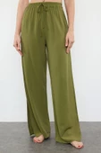 Kadın Yeni Moda Geniş Paça Uzun Boy Dokuma Haki Yırtmaçlı Pantolon - 4