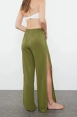 Kadın Yeni Moda Geniş Paça Uzun Boy Dokuma Haki Yırtmaçlı Pantolon - 6