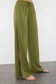 Kadın Yeni Moda Geniş Paça Uzun Boy Dokuma Haki Yırtmaçlı Pantolon - 5