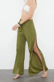 Kadın Yeni Moda Geniş Paça Uzun Boy Dokuma Haki Yırtmaçlı Pantolon - 2