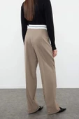 Kadın Yeni Moda Boru Paça Regular Boy Dokuma Wide Leg Geniş Paça Yüksek Bel Kemer Detaylı Pantolon - 5