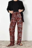 Kadın Yeni Moda Geniş Paça Regular Boy Dokuma Beli Lastikli Geniş Paça Leopar Desenli Pantolon - 4