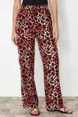 Kadın Yeni Moda Geniş Paça Regular Boy Dokuma Beli Lastikli Geniş Paça Leopar Desenli Pantolon - 1