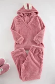 Kadın Moda Büyük Beden Kapüşonlu Boru Paça Uzun Kol Wellsoft Peluş Kulak Detaylı Örme Pijama Takımı - 1