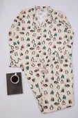 Kadın Moda Şık Büyük Beden Gömlek Yaka Boru Paça Uzun Kol Yılbaşı Temalı Örme Pijama Takımı - 2
