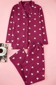 Kadın Moda Şık Büyük Beden Gömlek Yaka Geniş Paça Uzun Kol Vişne Kalpli Örme Pijama Takımı - 1