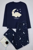 Kadın Moda Şık Büyük Beden Bisiklet Yaka Boru Paça Uzun Kol Galaksi Desenli Polar Örme Pijama Takımı - 1
