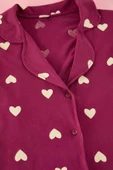Kadın Moda Şık Büyük Beden Gömlek Yaka Geniş Paça Uzun Kol Vişne Kalpli Örme Pijama Takımı - 2