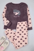 Kadın Moda Büyük Beden Bisiklet Yaka Boru Paça Uzun Kol Kalpli Uyku Bantlı Polar Örme Pijama Takımı - 1