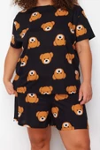 Kadın Moda Büyük Beden Bisiklet Yaka Geniş Paça Kısa Kol Ayıcık Baskılı Pamuklu Örme Pijama Takımı - 4