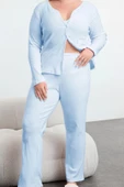 Kadın Moda Şık Büyük Beden V Yaka Boru Paça Uzun Kol Fırçalı Soft Fitilli Hırkalı Örme Pijama Takımı - 1