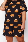Kadın Moda Büyük Beden Bisiklet Yaka Geniş Paça Kısa Kol Ayıcık Baskılı Pamuklu Örme Pijama Takımı - 3