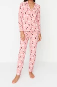 Kadın Moda Şık Gömlek Yaka Boru Paça Uzun Kol %100 Pamuk Yılbaşı Temalı Örme Pijama Takımı - 3