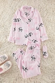 Kadın Moda Ceket Yaka Boru Paça Uzun Kol Panda Desenli Uyku Bantlı Polar Kışlık Örme Pijama Takımı - 1