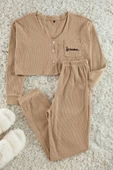 Kadın Moda Şık V Yaka Boru Paça Uzun Kol Fitilli Pamuklu Nakışlı Örme Pijama Takımı - 1