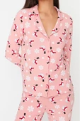 Kadın Moda Şık Gömlek Yaka Boru Paça Uzun Kol %100 Pamuk Yılbaşı Temalı Örme Pijama Takımı - 2