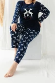 Kadın Moda Şık Büyük Beden Bisiklet Yaka Boru Paça Uzun Kol Christmas Desenli Örme Pijama Takımı - 1