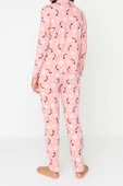 Kadın Moda Şık Gömlek Yaka Boru Paça Uzun Kol %100 Pamuk Yılbaşı Temalı Örme Pijama Takımı - 6