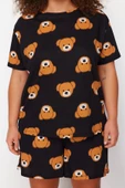 Kadın Moda Büyük Beden Bisiklet Yaka Geniş Paça Kısa Kol Ayıcık Baskılı Pamuklu Örme Pijama Takımı - 1