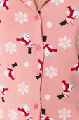 Kadın Moda Şık Gömlek Yaka Boru Paça Uzun Kol %100 Pamuk Yılbaşı Temalı Örme Pijama Takımı - 5