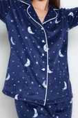 Kadın Moda Şık Ceket Yaka Boru Paça Uzun Kol Ay Desenli Polar Kışlık Örme Pijama Takımı - 2