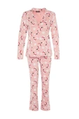 Kadın Moda Şık Gömlek Yaka Boru Paça Uzun Kol %100 Pamuk Yılbaşı Temalı Örme Pijama Takımı - 1