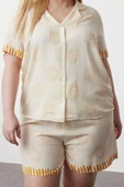 Kadın Moda Şık Büyük Beden Gömlek Yaka Boru Paça Uzun Kol Güneş Desenli Dokuma Pijama Takımı - 2