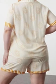 Kadın Moda Şık Büyük Beden Gömlek Yaka Boru Paça Uzun Kol Güneş Desenli Dokuma Pijama Takımı - 6
