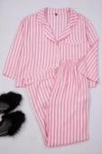 Kadın Moda Şık Gömlek Yaka Boru Paça Truvakar Kol Çizgili Biyeli Viskon Dokuma Pijama Takımı - 1