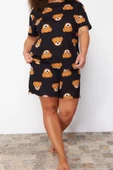 Kadın Moda Büyük Beden Bisiklet Yaka Geniş Paça Kısa Kol Ayıcık Baskılı Pamuklu Örme Pijama Takımı - 2