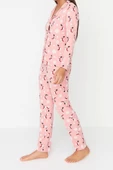 Kadın Moda Şık Gömlek Yaka Boru Paça Uzun Kol %100 Pamuk Yılbaşı Temalı Örme Pijama Takımı - 4