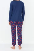 Kadın Moda Şık Bisiklet Yaka Boru Paça Uzun Kol %100 Pamuklu Kiraz Baskılı Örme Pijama Takımı - 6