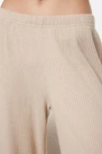 Kadın Moda Şık V Yaka Geniş Paça Uzun Kol Biyeli Fitilli Örme Pijama Takımı - 4