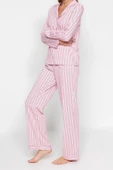 Kadın Gömlek Yaka Boru Paça Uzun Kol Pembe %100 Pamuklu Çizgili Gömlek-Pantolon Örme Pijama Takımı - 3
