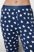 Kadın Moda Şık Bisiklet Yaka Geniş Paça Uzun Kol %100 Pamuklu Kalp Desenli Örme Pijama Takımı - 3