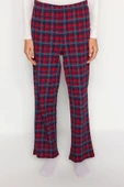 Kadın Moda Şık Bisiklet Yaka Boru Paça Uzun Kol %100 Pamuklu Ekoseli Cep Detaylı Örme Pijama Takımı - 5