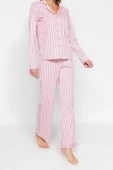 Kadın Gömlek Yaka Boru Paça Uzun Kol Pembe %100 Pamuklu Çizgili Gömlek-Pantolon Örme Pijama Takımı - 1