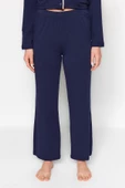 Kadın Moda Gömlek Yaka Boru Paça Uzun Kol Lacivert Pamuklu Biyeli Gömlek-Pantolon Örme Pijama Takımı - 5