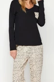 Kadın Moda V Yaka Boru Paça Uzun Kol %100 Pamuk Leopar Desenli Tshirt-Pantolon Örme Pijama Takımı - 2