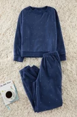 Kadın Moda Şık Bisiklet Yaka Boru Paça Uzun Kol Puantiyeli Polar Kışlık Örme Pijama Takımı - 1