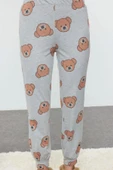 Kadın Moda Şık Bisiklet Yaka Boru Paça Uzun Kol %100 Pamuklu Ayıcık Desenli Örme Pijama Takımı - 3