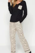 Kadın Moda V Yaka Boru Paça Uzun Kol %100 Pamuk Leopar Desenli Tshirt-Pantolon Örme Pijama Takımı - 3