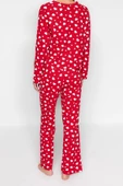 Kadın Bisiklet Yaka Boru Paça Uzun Kol Kırmızı %100 Pamuk Kalpli Tshirt-Pantolon Örme Pijama Takımı - 6