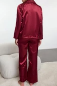Kadın Gömlek Yaka Geniş Paça Uzun Kol Taş Kurdele Fiyonk Aksesuar Detaylı Saten Dokuma Pijama Takımı - 4