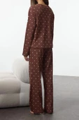 Kadın Moda Bisiklet Yaka Boru Paça Uzun Kol %100 Pamuklu Puantiye ve Kalp Desenli Örme Pijama Takımı - 4