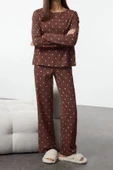 Kadın Moda Bisiklet Yaka Boru Paça Uzun Kol %100 Pamuklu Puantiye ve Kalp Desenli Örme Pijama Takımı - 1